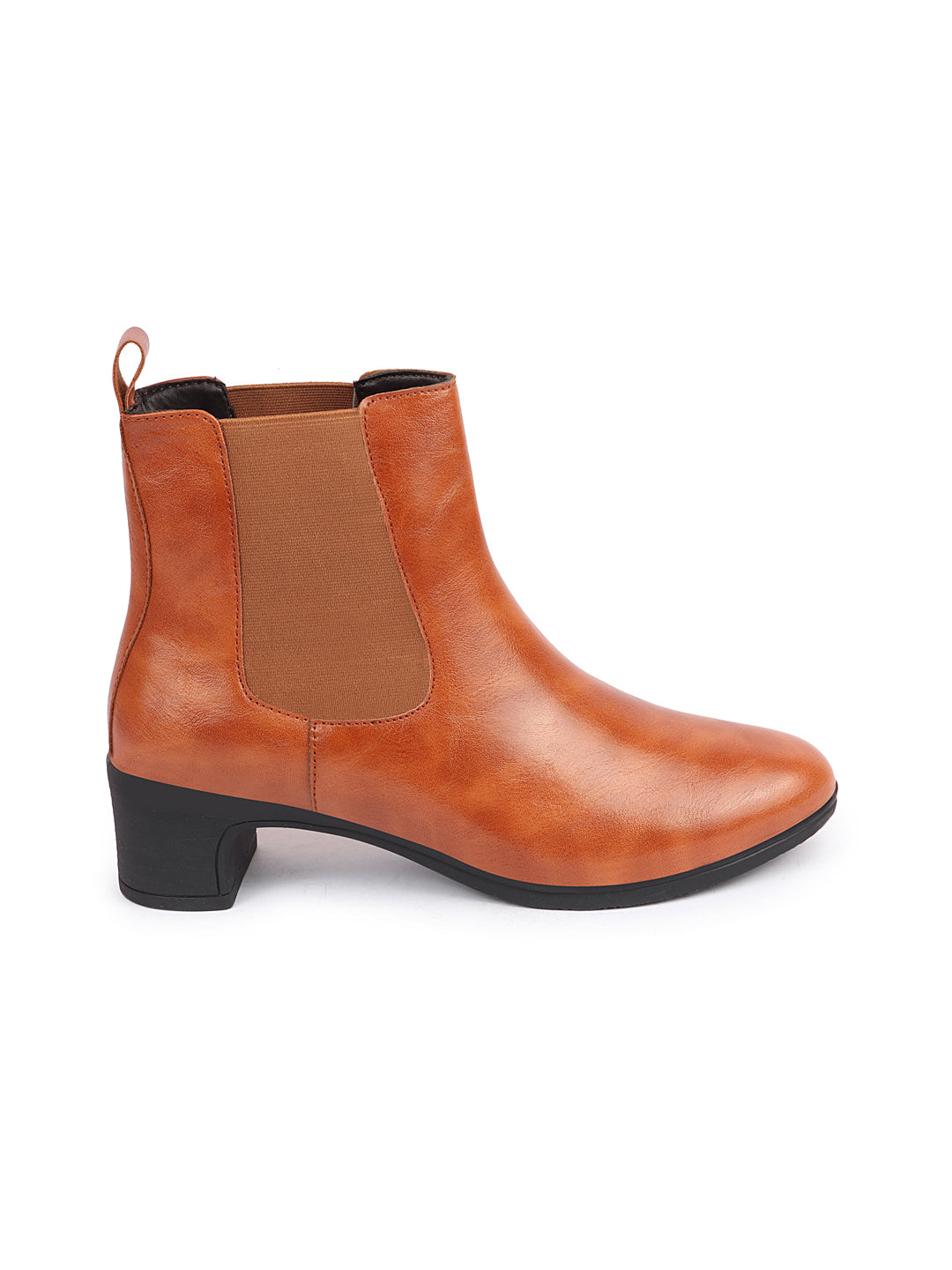 Shop Women Tan Flared Heel High Ankle Top Winter Chelsea Boots Online.