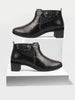 Women Black Flared Heel Mid Top Leopard Print Embossed Design Buckle Strap Chelsea Boots