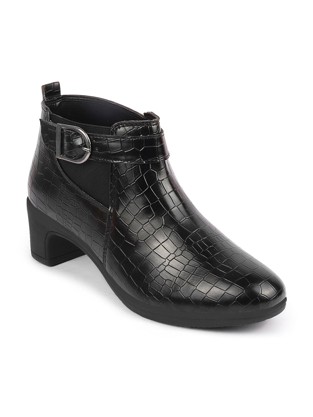 Shop Women Black Flared Heel Mid Top Leopard Print Embossed Design Buckle Strap Chelsea Boots Online.