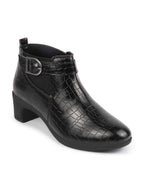 Shop Women Black Flared Heel Mid Top Leopard Print Embossed Design Buckle Strap Chelsea Boots Online.