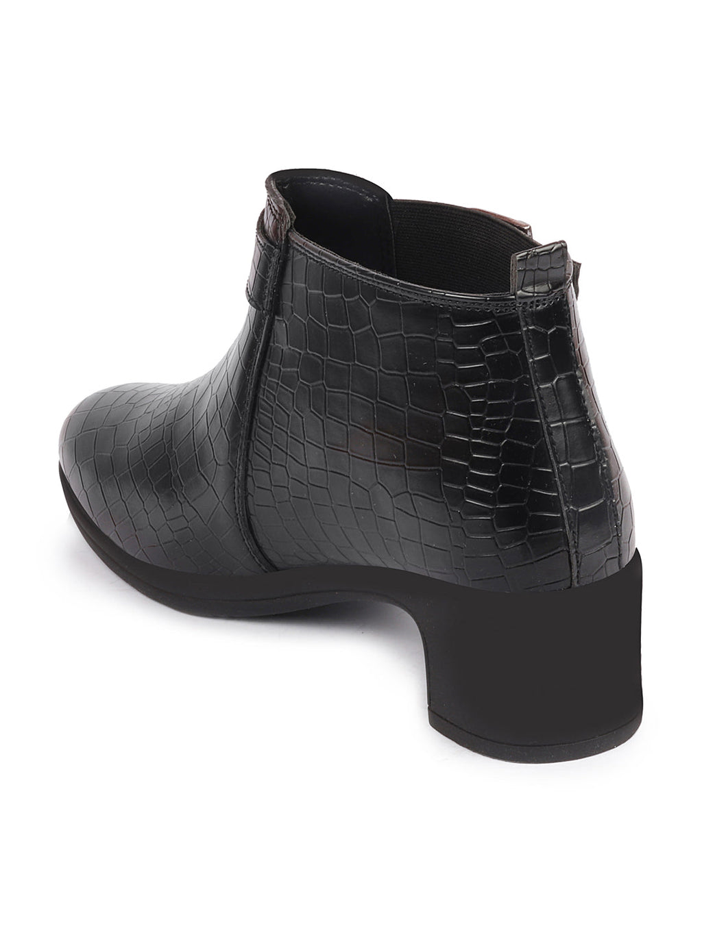 Shop Women Black Flared Heel Mid Top Leopard Print Embossed Design Buckle Strap Chelsea Boots Online.