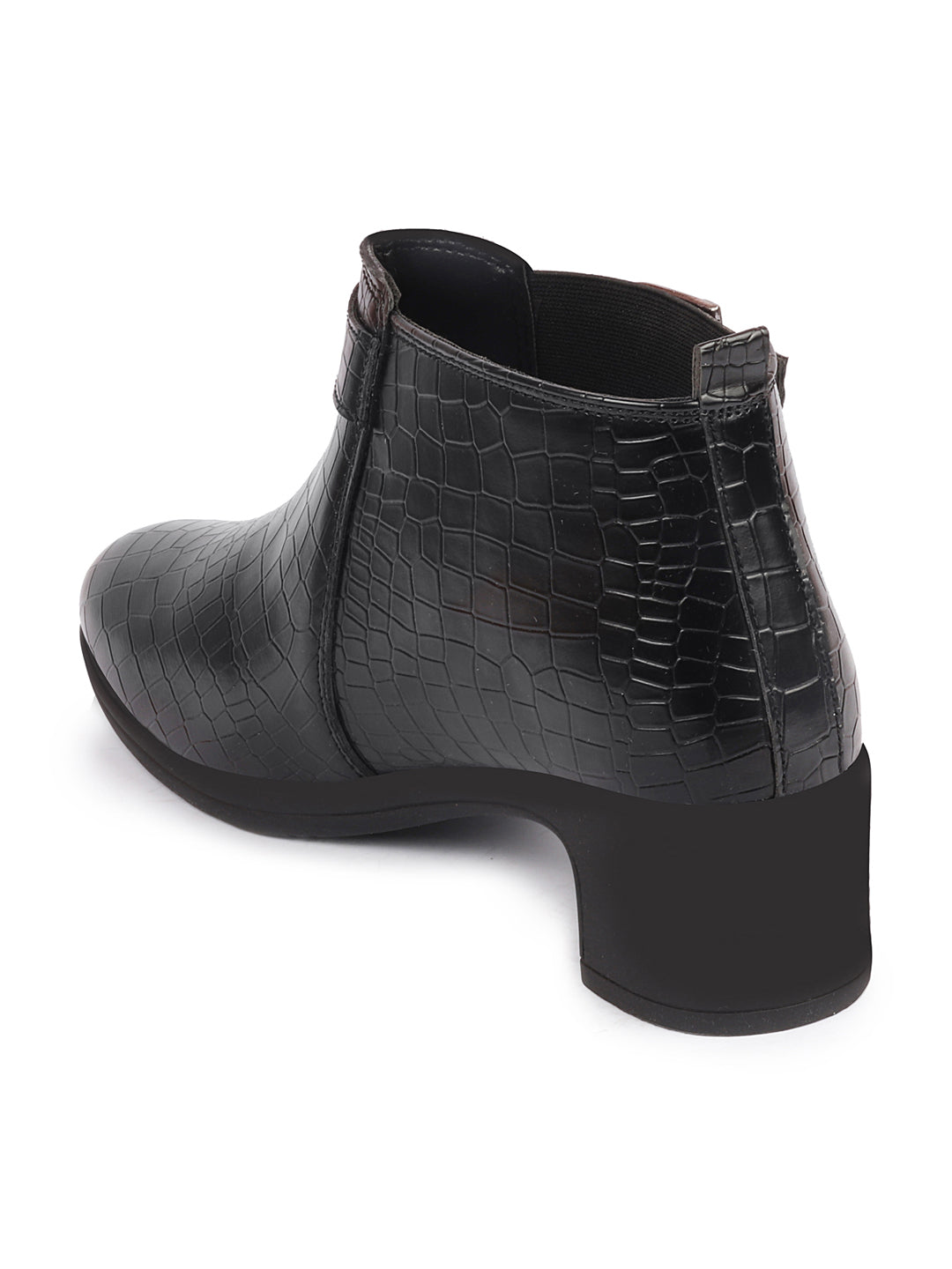 Shop Women Black Flared Heel Mid Top Leopard Print Embossed Design Buckle Strap Chelsea Boots Online.