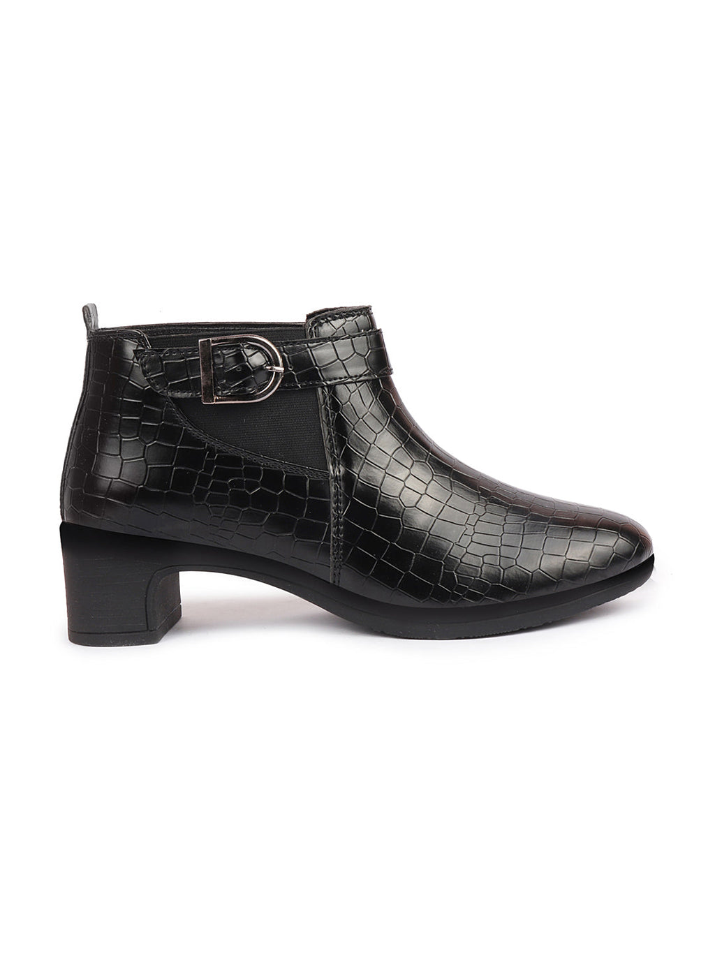 Shop Women Black Flared Heel Mid Top Leopard Print Embossed Design Buckle Strap Chelsea Boots Online.