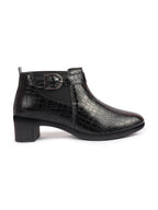 Shop Women Black Flared Heel Mid Top Leopard Print Embossed Design Buckle Strap Chelsea Boots Online.