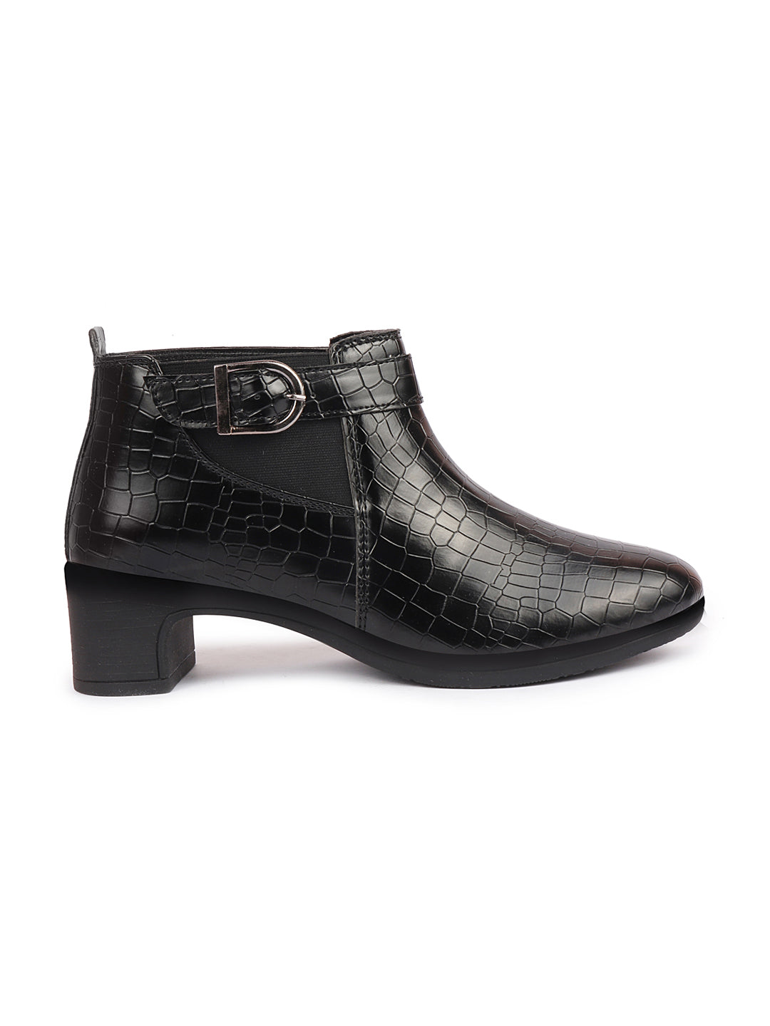 Shop Women Black Flared Heel Mid Top Leopard Print Embossed Design Buckle Strap Chelsea Boots Online.