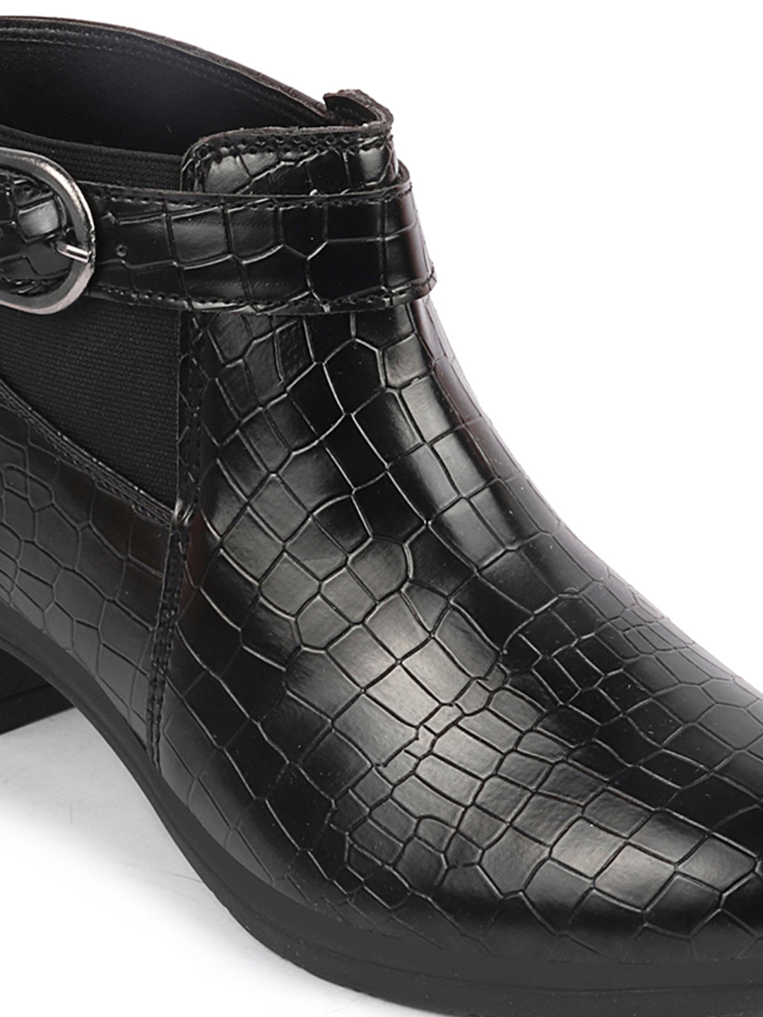 Shop Women Black Flared Heel Mid Top Leopard Print Embossed Design Buckle Strap Chelsea Boots Online.