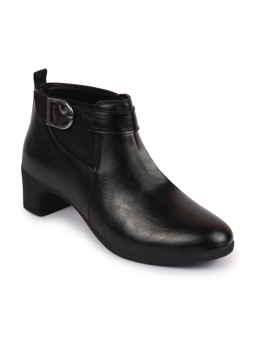 Shop Women Black Flared Heel Mid Ankle Classic Winter Buckle Strap Chelsea Boots Online.