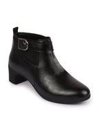 Shop Women Black Flared Heel Mid Ankle Classic Winter Buckle Strap Chelsea Boots Online.