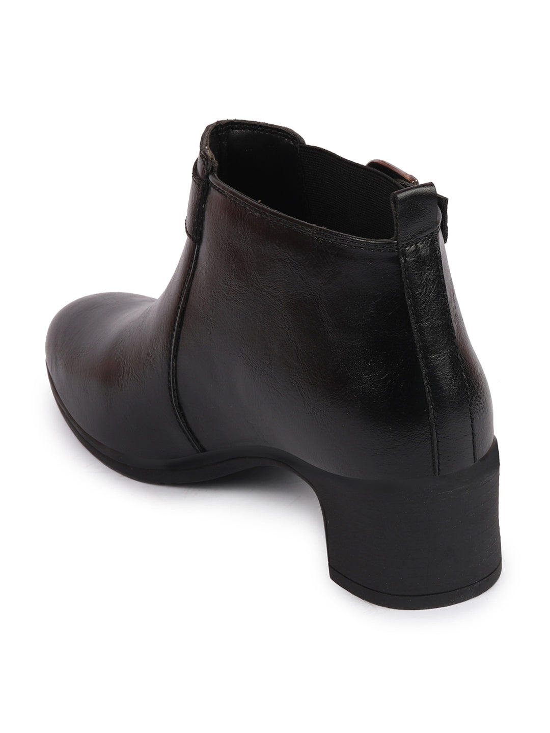 Shop Women Black Flared Heel Mid Ankle Classic Winter Buckle Strap Chelsea Boots Online.