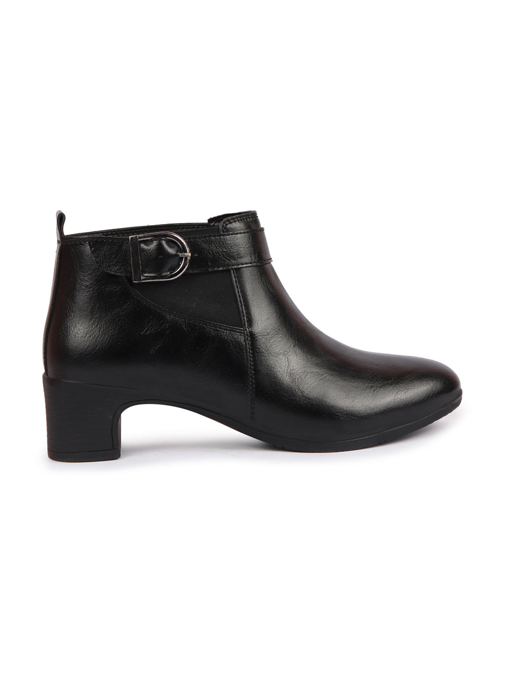 Shop Women Black Flared Heel Mid Ankle Classic Winter Buckle Strap Chelsea Boots Online.