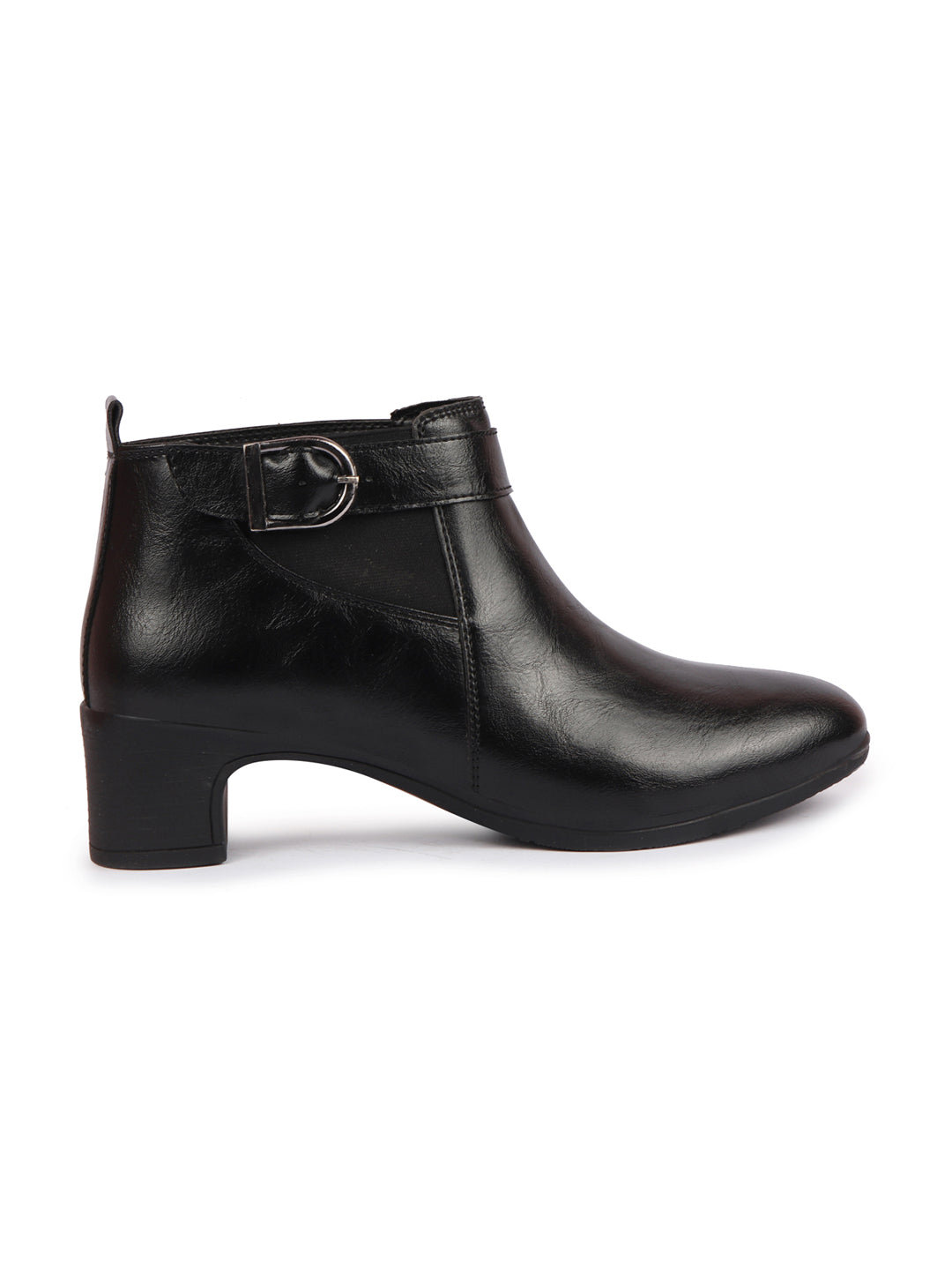 Shop Women Black Flared Heel Mid Ankle Classic Winter Buckle Strap Chelsea Boots Online.
