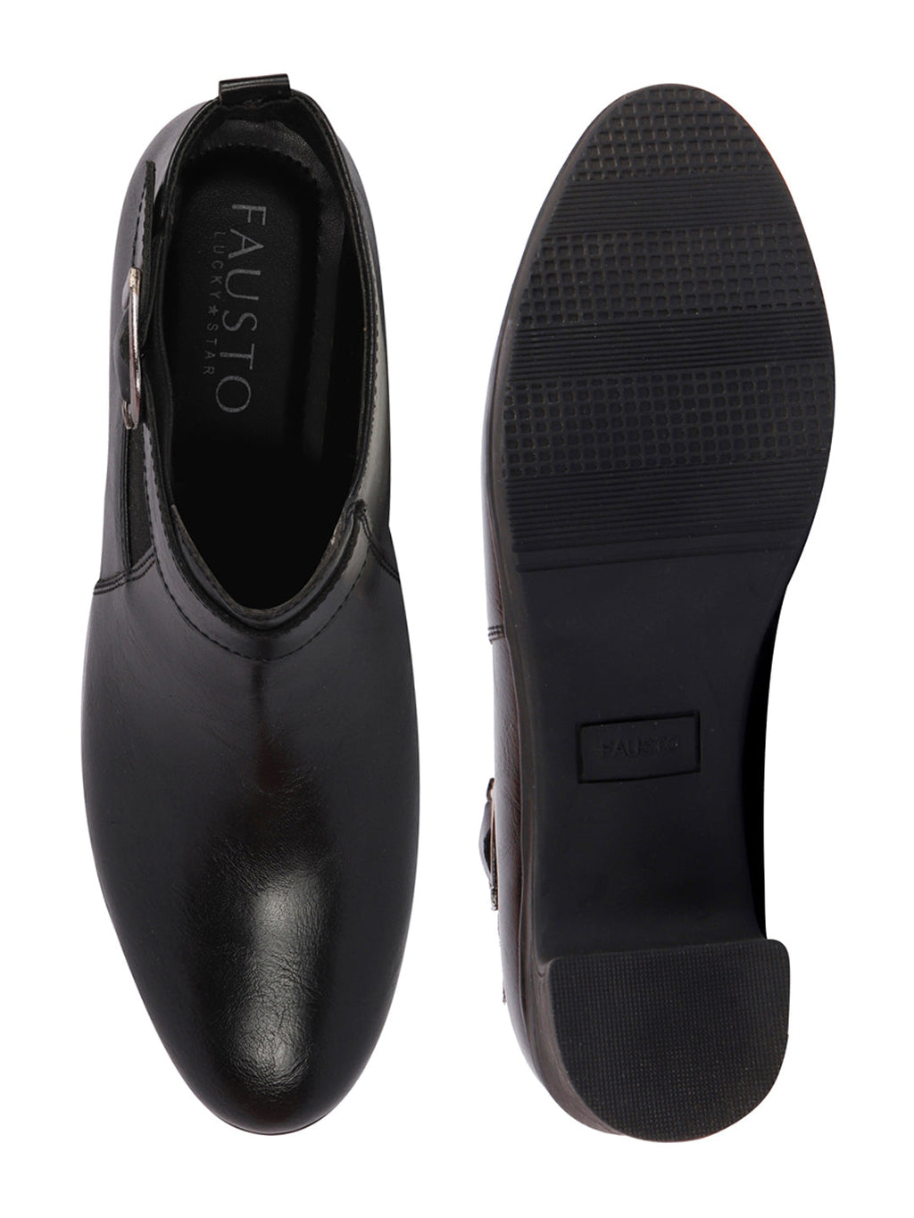 Shop Women Black Flared Heel Mid Ankle Classic Winter Buckle Strap Chelsea Boots Online.