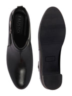 Shop Women Black Flared Heel Mid Ankle Classic Winter Buckle Strap Chelsea Boots Online.