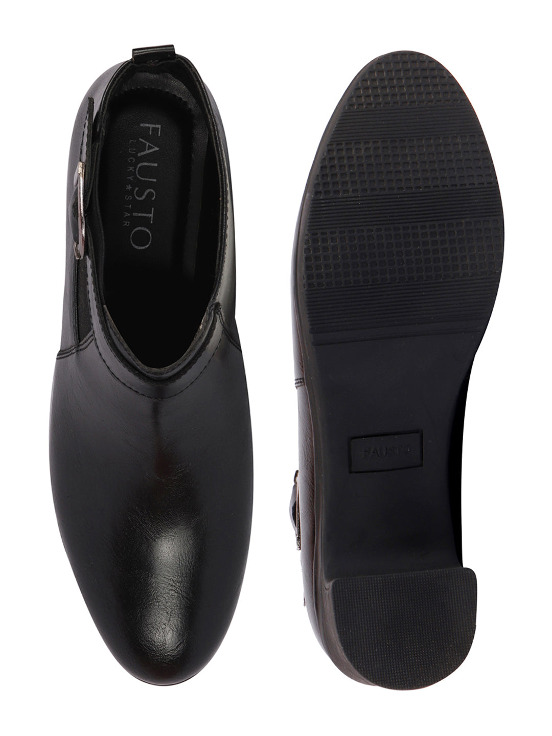 Shop Women Black Flared Heel Mid Ankle Classic Winter Buckle Strap Chelsea Boots Online.