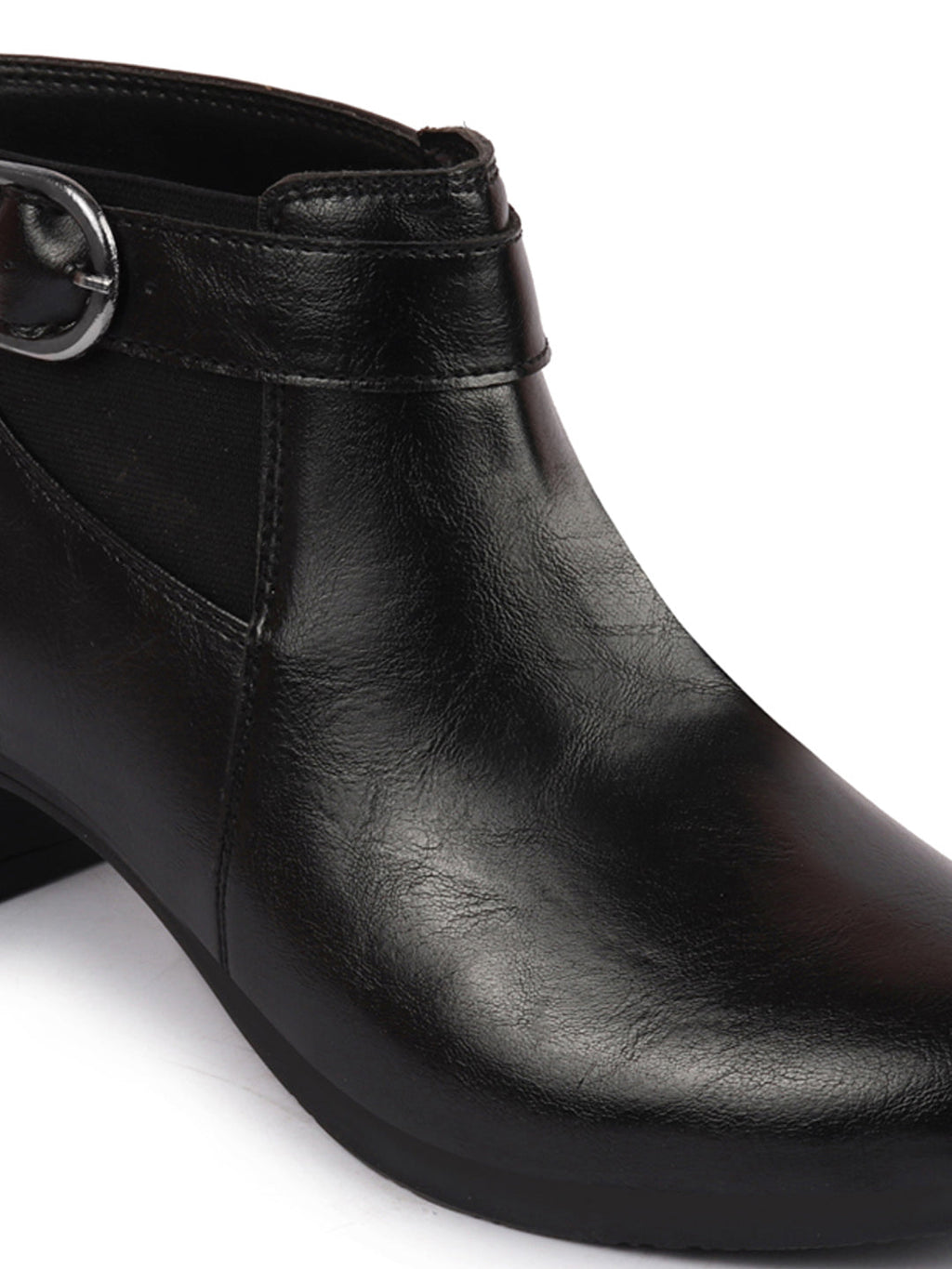 Shop Women Black Flared Heel Mid Ankle Classic Winter Buckle Strap Chelsea Boots Online.