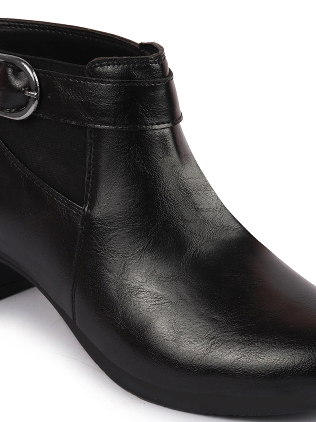 Shop Women Black Flared Heel Mid Ankle Classic Winter Buckle Strap Chelsea Boots Online.