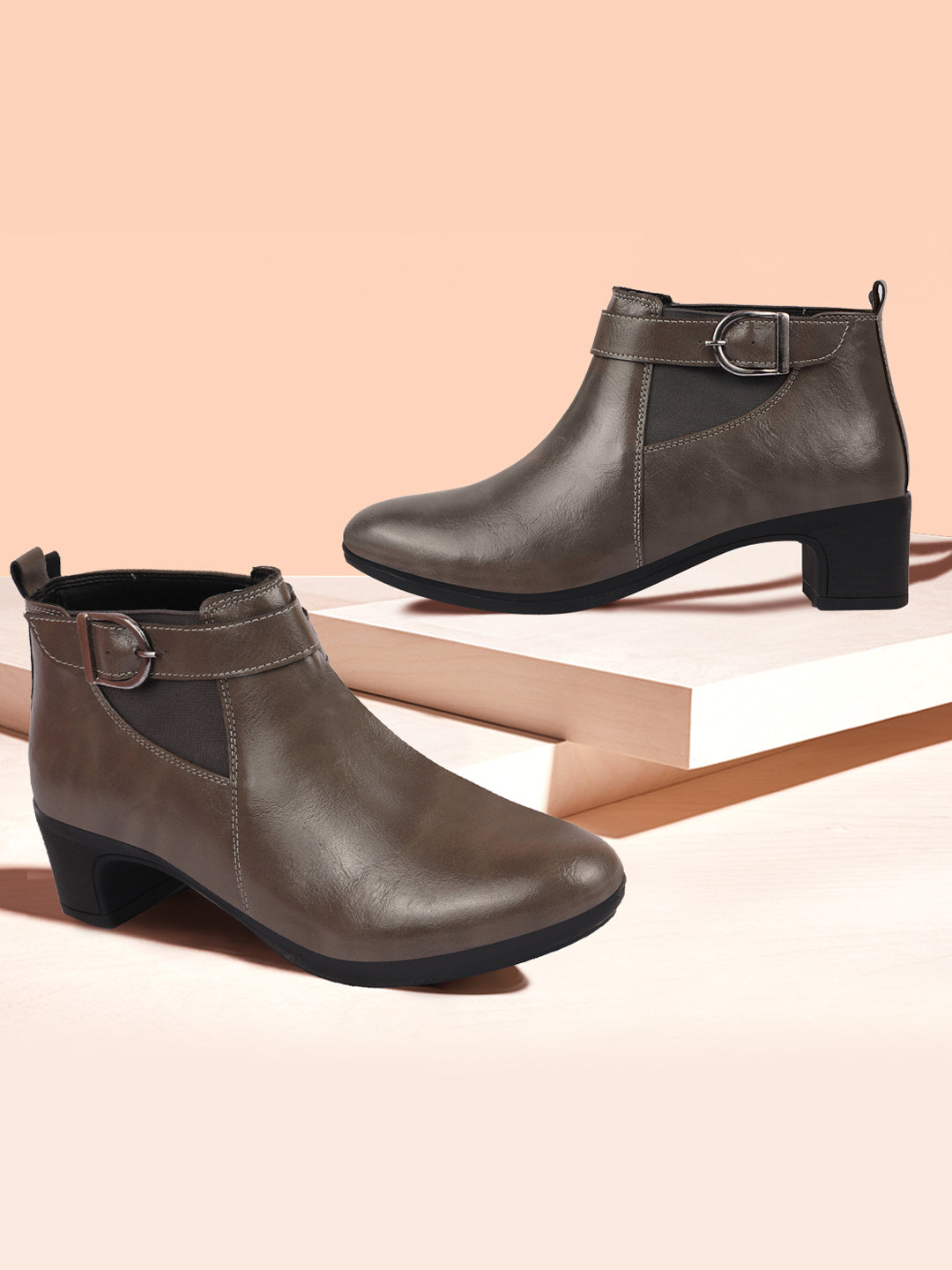 Shop Women Grey Flared Heel Mid Ankle Classic Winter Buckle Strap Chelsea Boots Online.