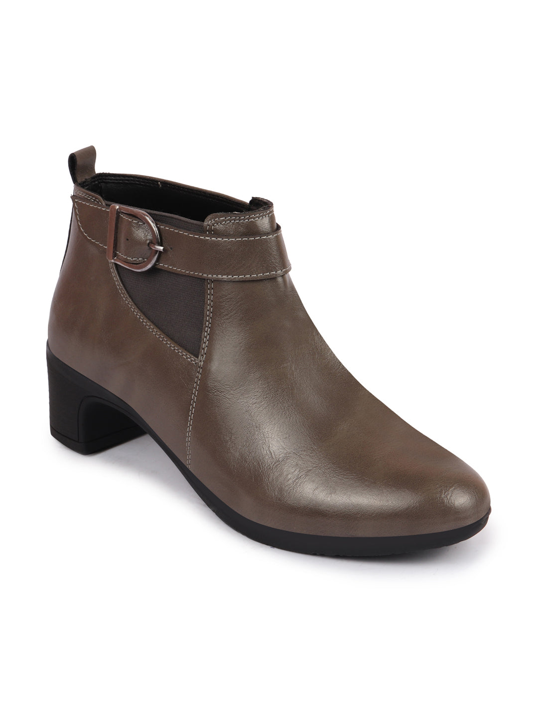 Shop Women Grey Flared Heel Mid Ankle Classic Winter Buckle Strap Chelsea Boots Online.