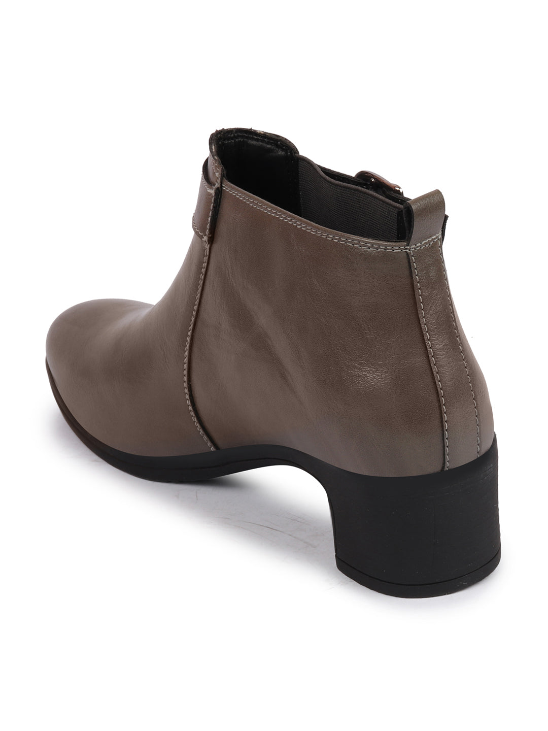Shop Women Grey Flared Heel Mid Ankle Classic Winter Buckle Strap Chelsea Boots Online.