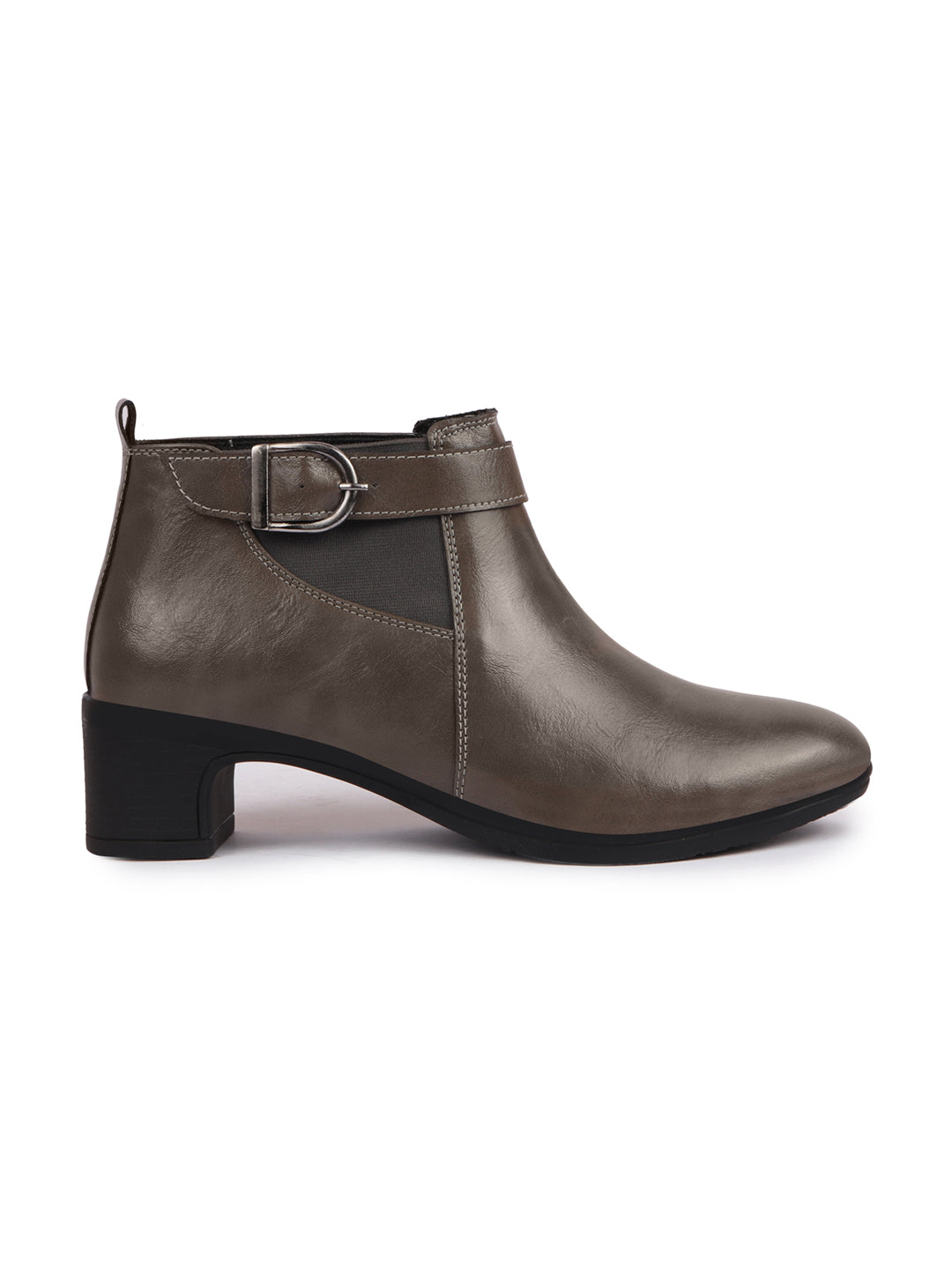 Shop Women Grey Flared Heel Mid Ankle Classic Winter Buckle Strap Chelsea Boots Online.