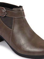 Shop Women Grey Flared Heel Mid Ankle Classic Winter Buckle Strap Chelsea Boots Online.