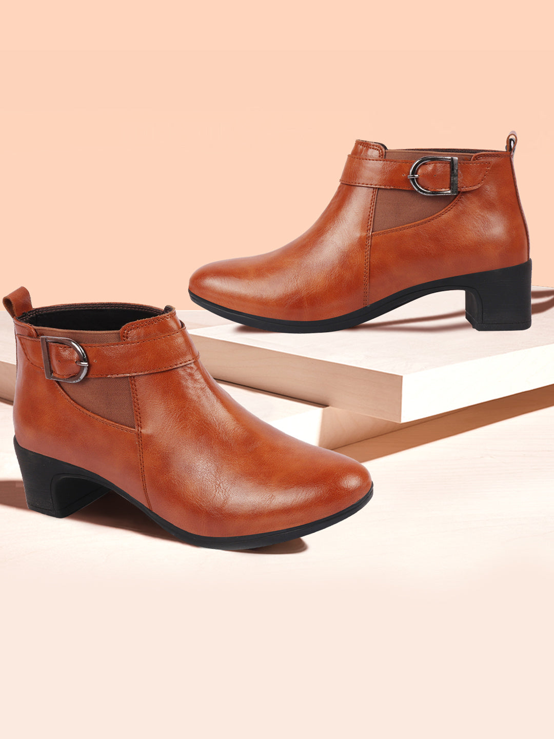 Shop Women Tan Flared Heel Mid Ankle Classic Winter Buckle Strap Chelsea Boots Online.