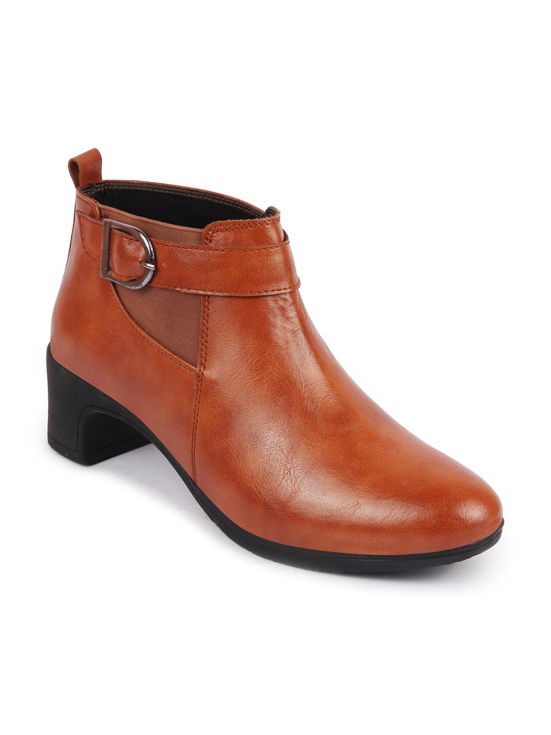 Shop Women Tan Flared Heel Mid Ankle Classic Winter Buckle Strap Chelsea Boots Online.