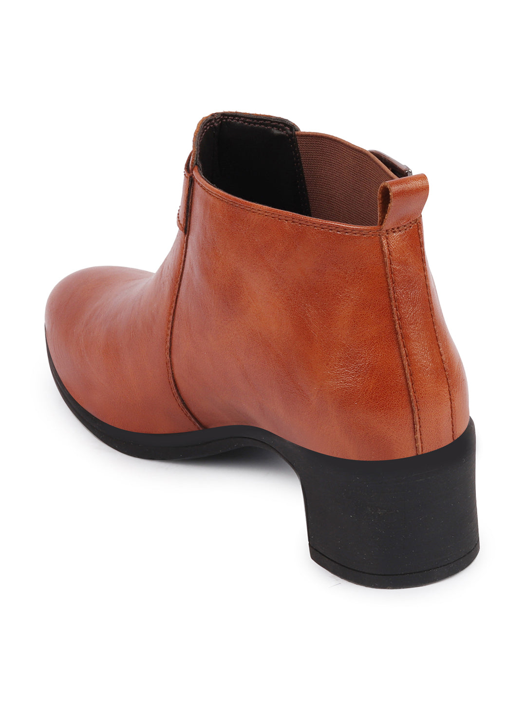 Shop Women Tan Flared Heel Mid Ankle Classic Winter Buckle Strap Chelsea Boots Online.
