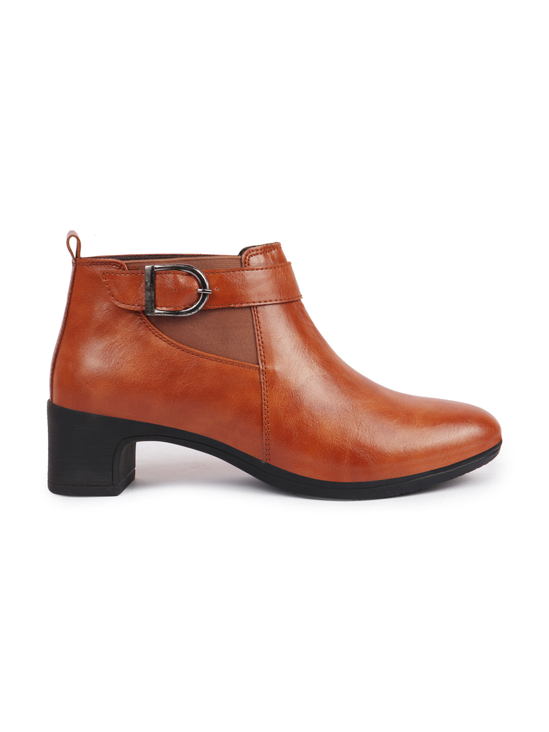 Shop Women Tan Flared Heel Mid Ankle Classic Winter Buckle Strap Chelsea Boots Online.