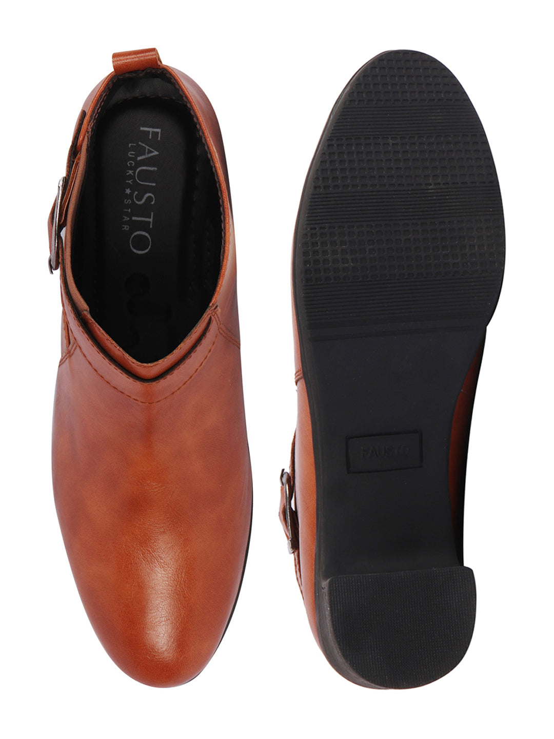 Shop Women Tan Flared Heel Mid Ankle Classic Winter Buckle Strap Chelsea Boots Online.