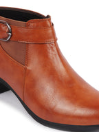 Shop Women Tan Flared Heel Mid Ankle Classic Winter Buckle Strap Chelsea Boots Online.
