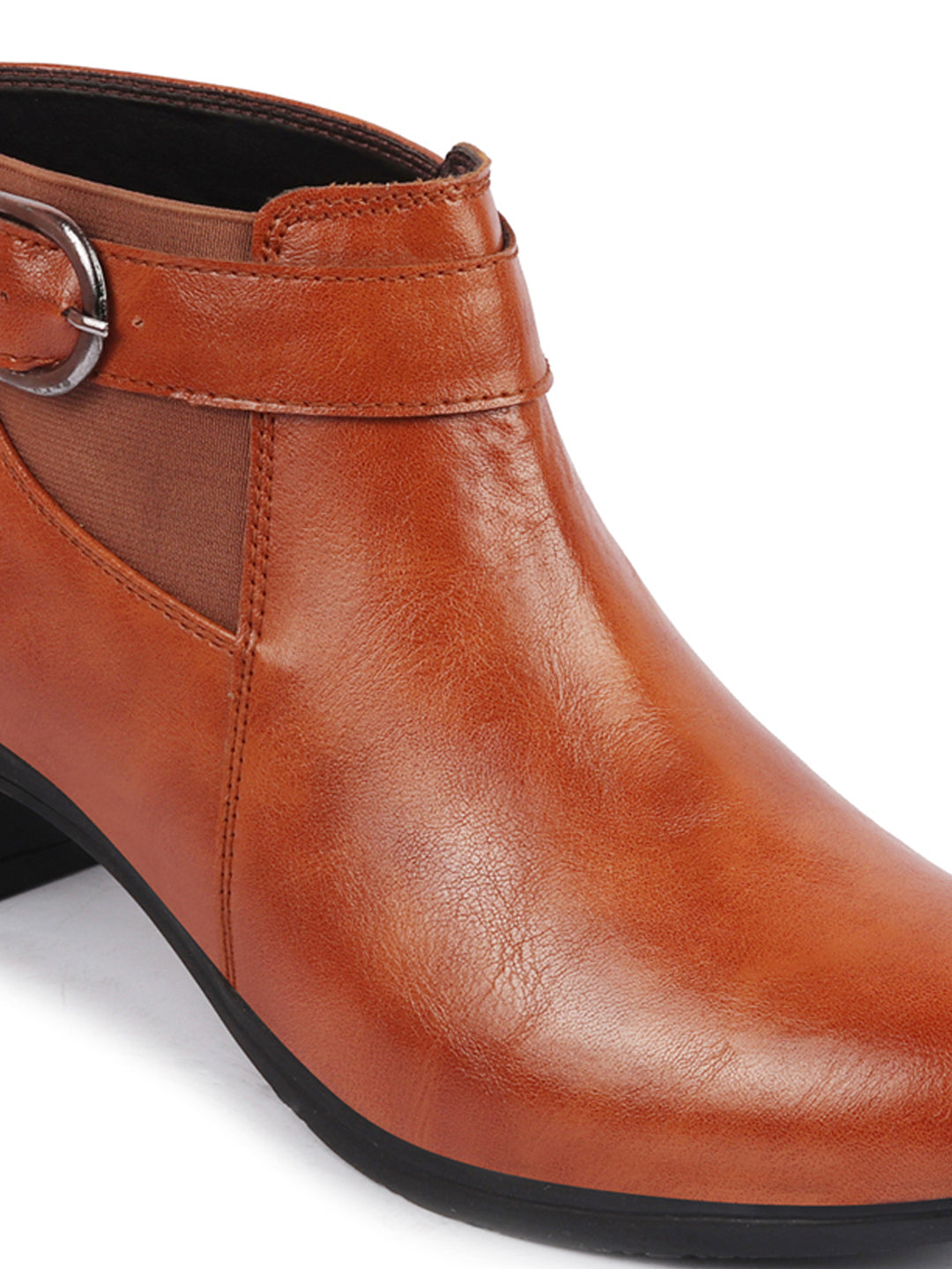 Shop Women Tan Flared Heel Mid Ankle Classic Winter Buckle Strap Chelsea Boots Online.