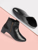 Women Black Flared Heel Mid Top Leopard Print Embossed Design Side Zipper Classic Boots
