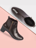 Women Brown Flared Heel Mid Top Leopard Print Embossed Design Side Zipper Classic Boots