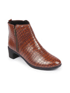 Shop Women Tan Flared Heel Mid Top Leopard Print Embossed Design Side Zipper Classic Boots Online.