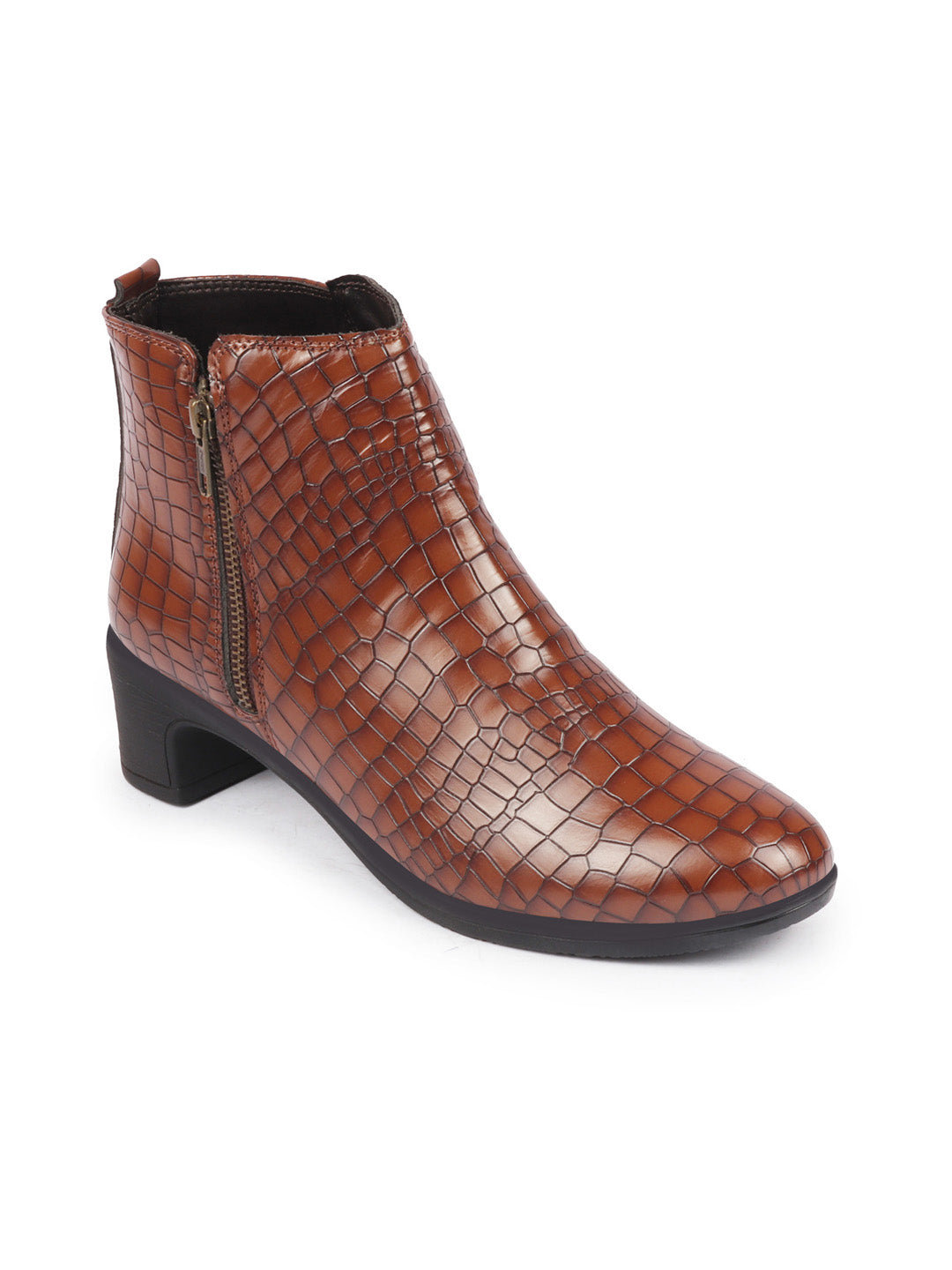 Shop Women Tan Flared Heel Mid Top Leopard Print Embossed Design Side Zipper Classic Boots Online.