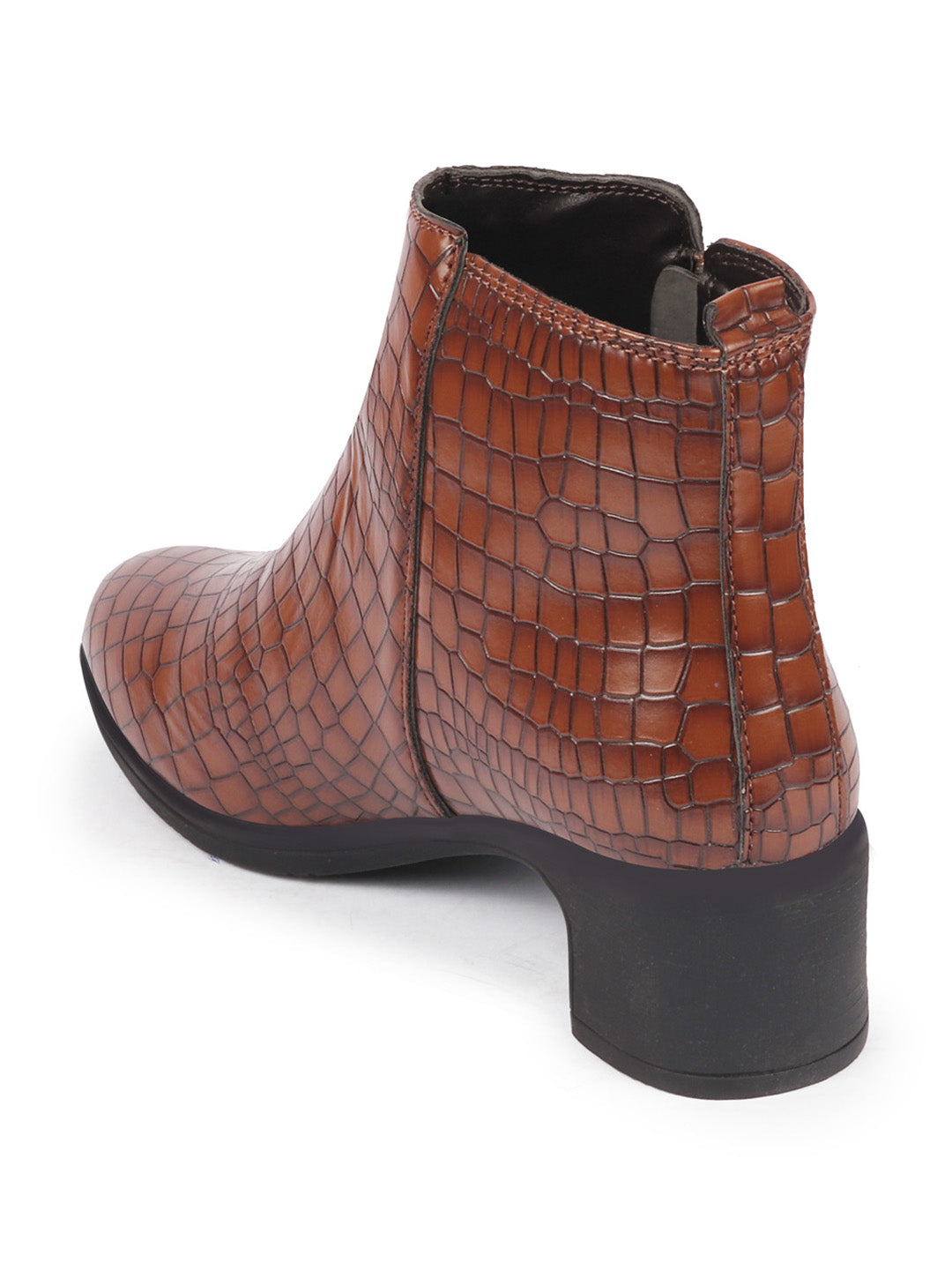 Shop Women Tan Flared Heel Mid Top Leopard Print Embossed Design Side Zipper Classic Boots Online.