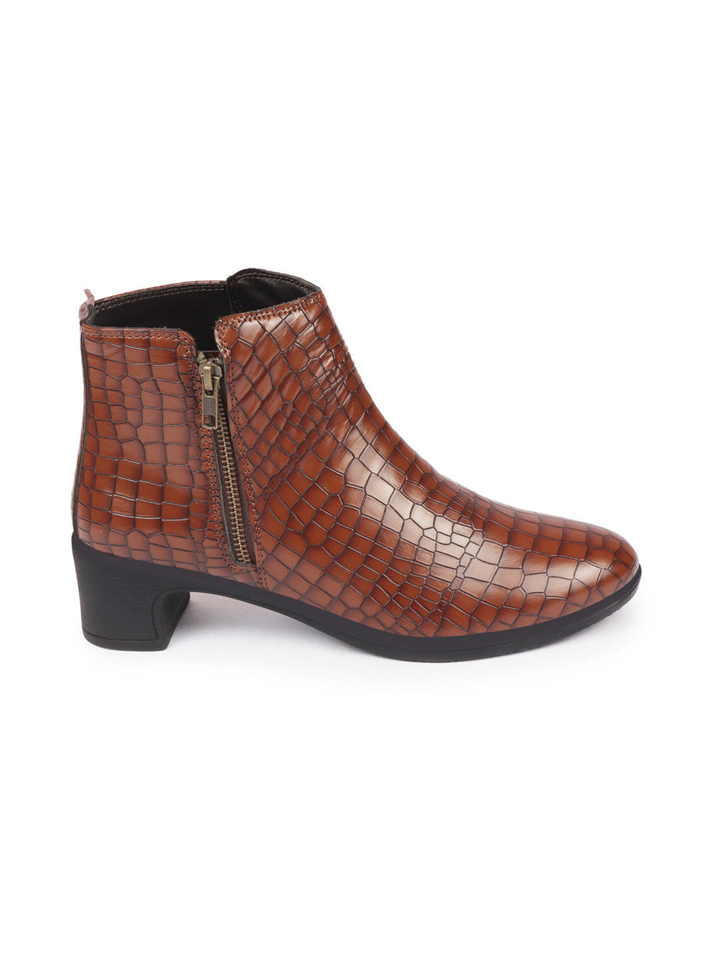Shop Women Tan Flared Heel Mid Top Leopard Print Embossed Design Side Zipper Classic Boots Online.