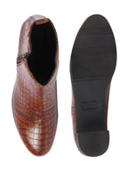 Shop Women Tan Flared Heel Mid Top Leopard Print Embossed Design Side Zipper Classic Boots Online.