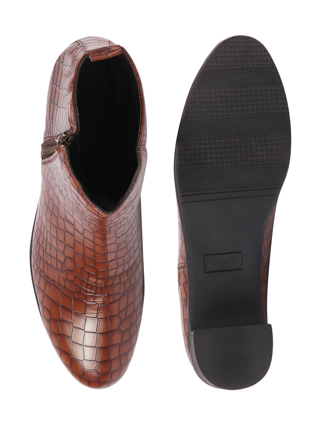 Shop Women Tan Flared Heel Mid Top Leopard Print Embossed Design Side Zipper Classic Boots Online.