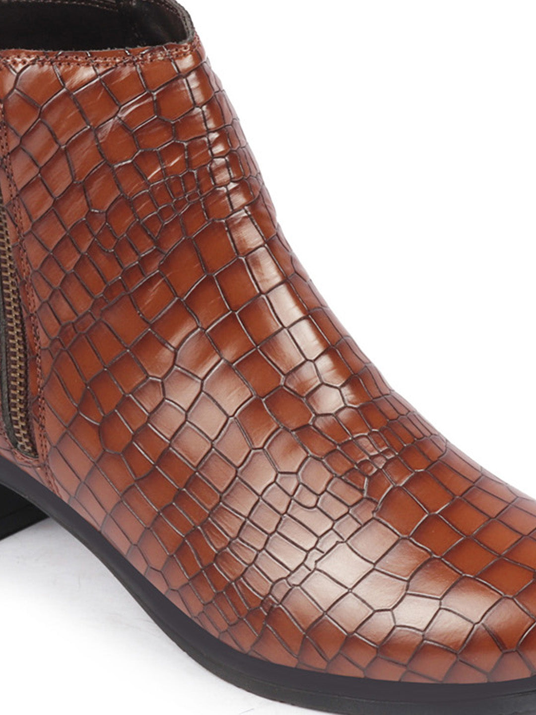 Shop Women Tan Flared Heel Mid Top Leopard Print Embossed Design Side Zipper Classic Boots Online.