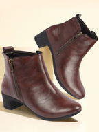 Shop Women Brown Mid Top Flared Heel Side Zipper Winter Classic Boots Online.