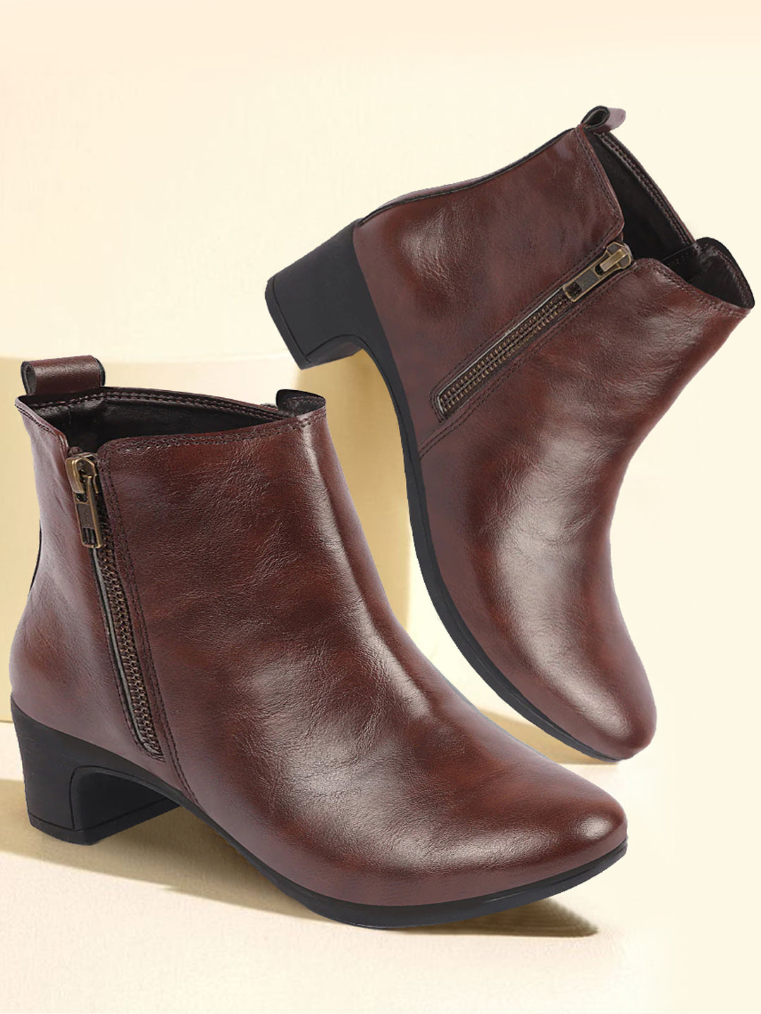 Shop Women Brown Mid Top Flared Heel Side Zipper Winter Classic Boots Online.
