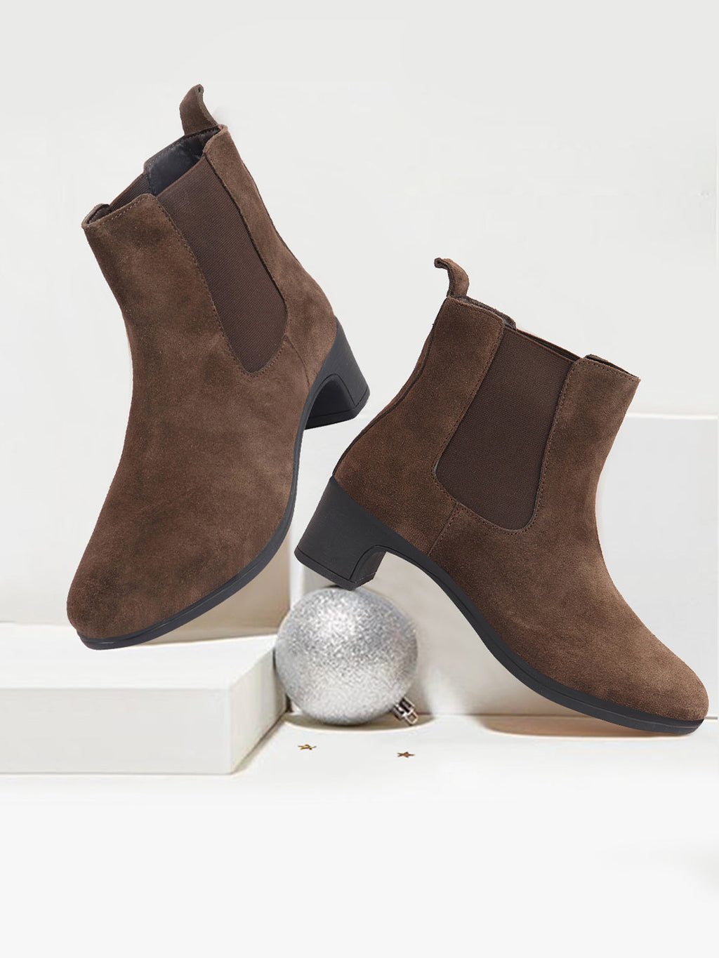 Shop Women Brown Flared Heel High Ankle Suede Leather Classic Winter Chelsea Boots Online.