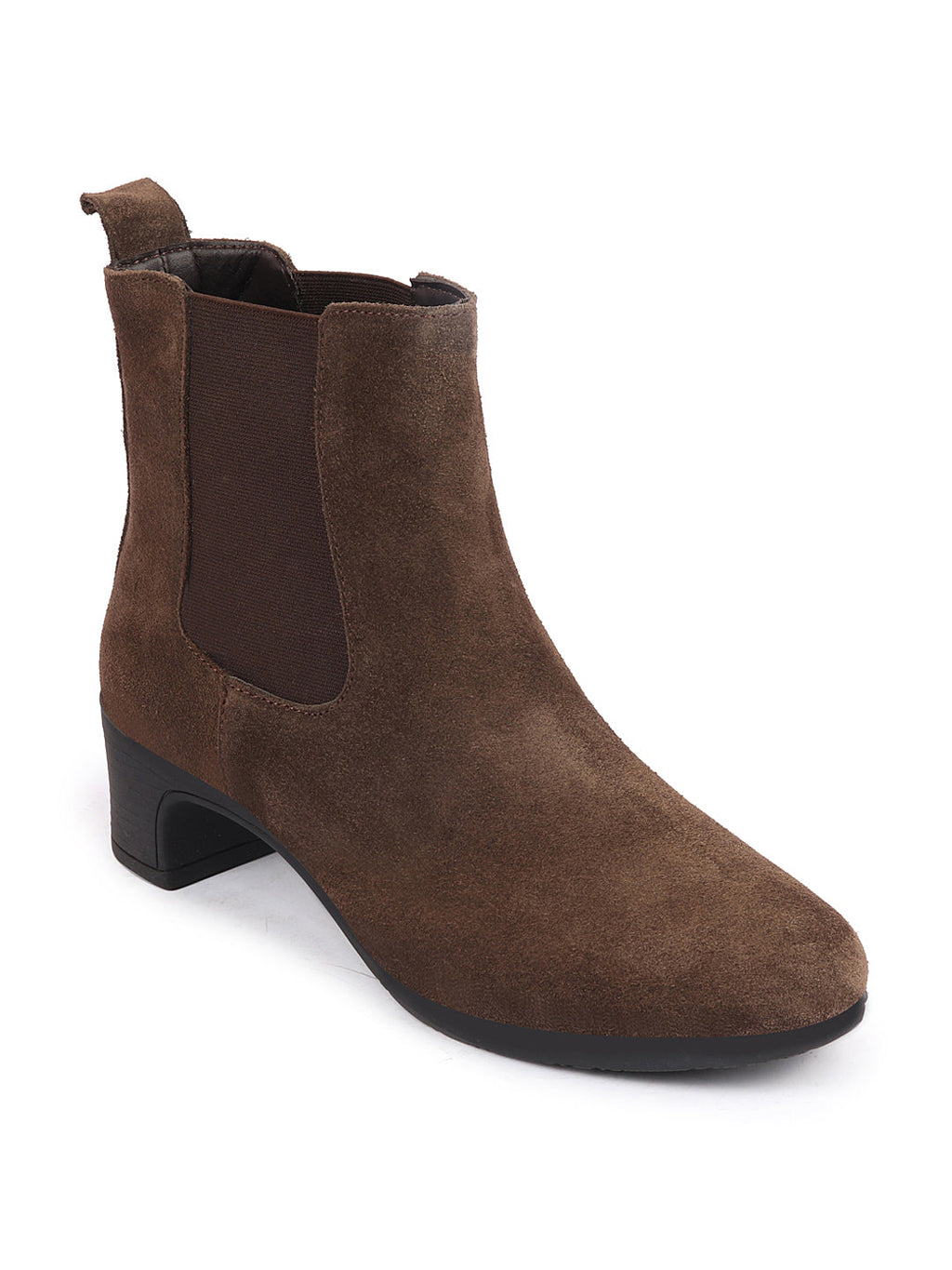 Shop Women Brown Flared Heel High Ankle Suede Leather Classic Winter Chelsea Boots Online.
