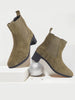 Women Olive Flared Heel High Ankle Suede Leather Classic Winter Chelsea Boots