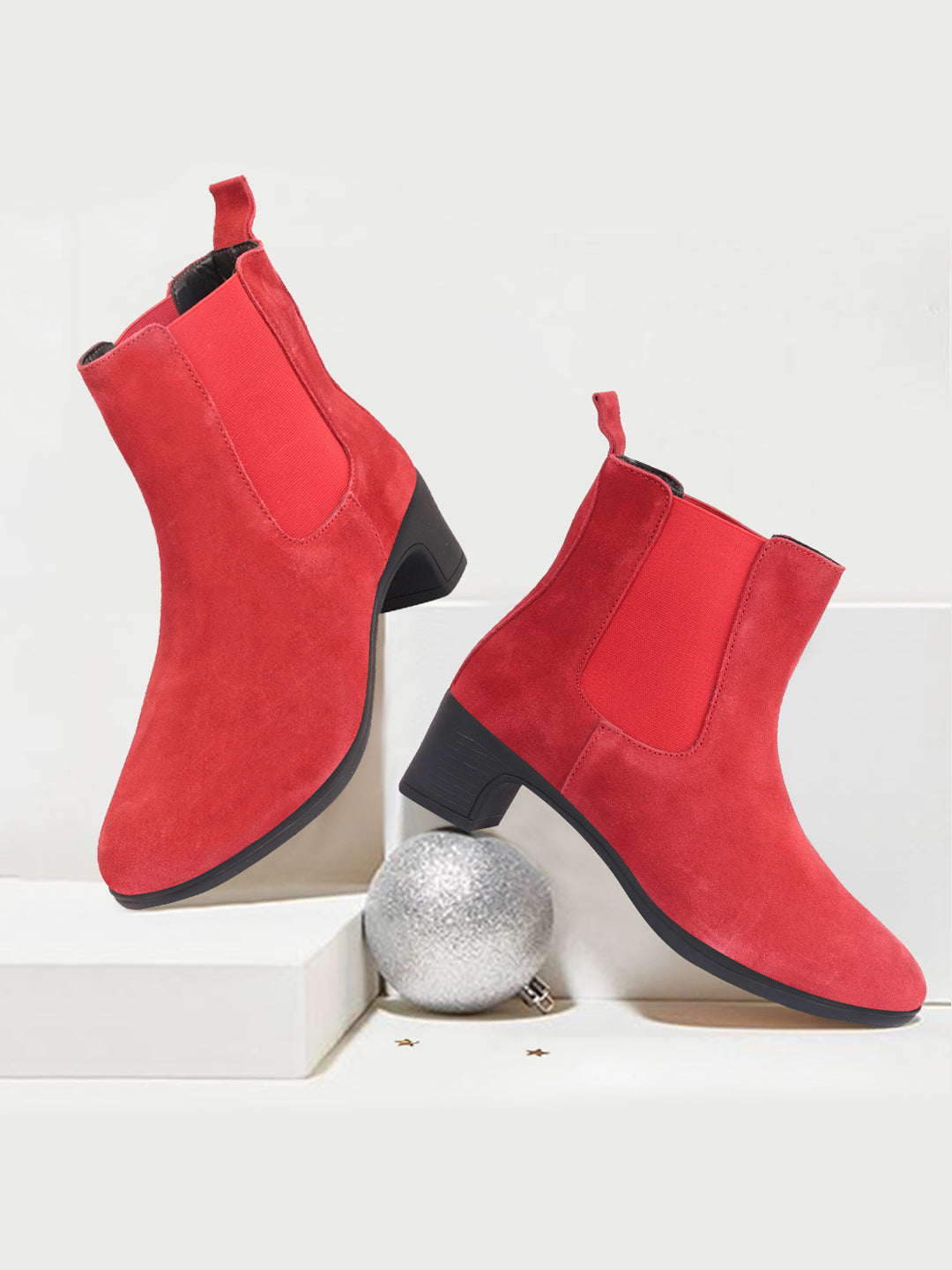 Shop Women Red Flared Heel High Ankle Suede Leather Classic Winter Chelsea Boots Online.