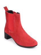 Shop Women Red Flared Heel High Ankle Suede Leather Classic Winter Chelsea Boots Online.
