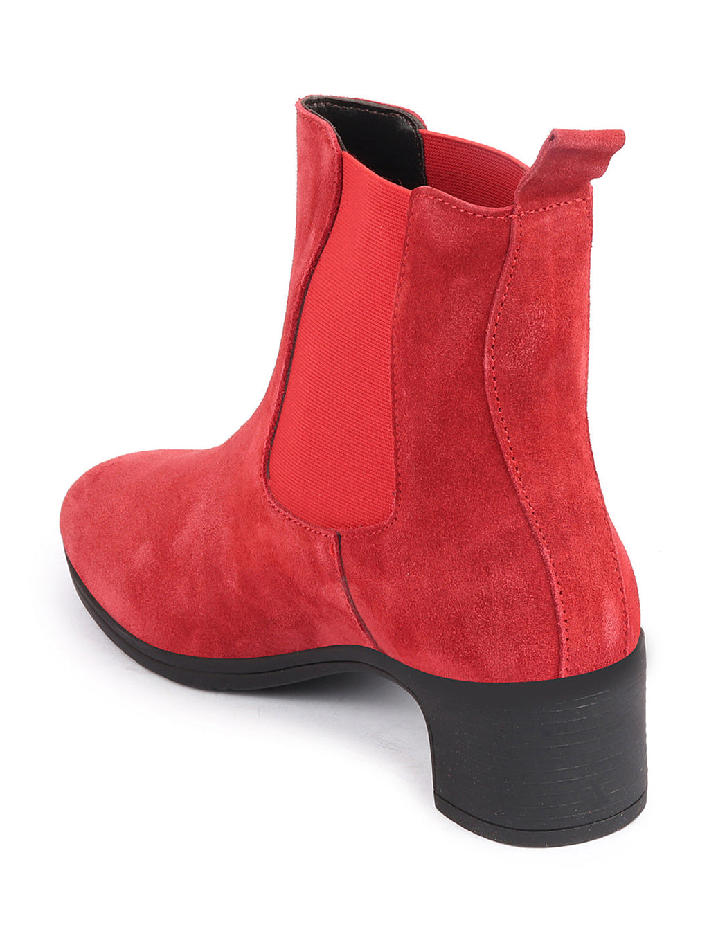 Shop Women Red Flared Heel High Ankle Suede Leather Classic Winter Chelsea Boots Online.
