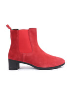Shop Women Red Flared Heel High Ankle Suede Leather Classic Winter Chelsea Boots Online.